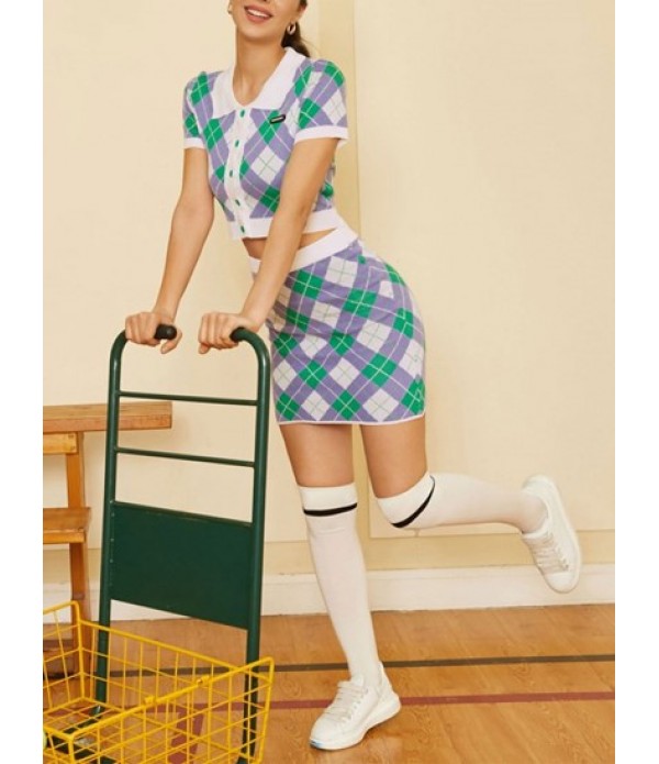 Knitted Argyle Single Button Collared Top And Skirt Set