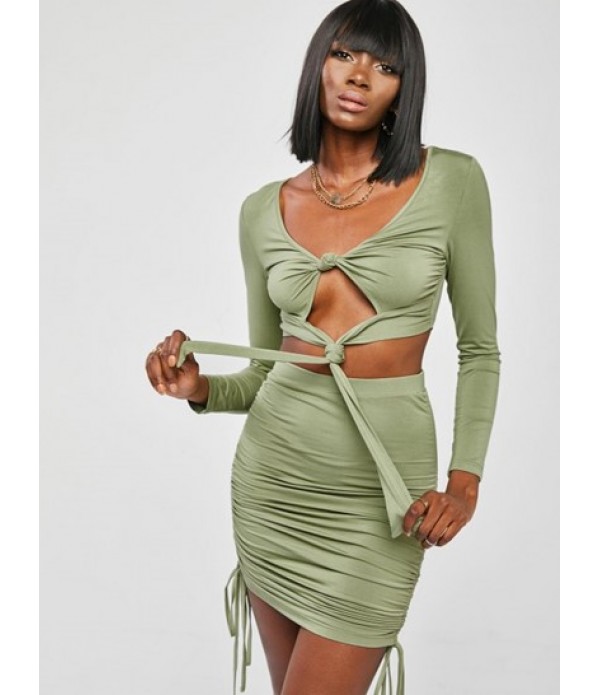 Knot Long Sleeve Crop Top And Ruched Slinky Skirt Set