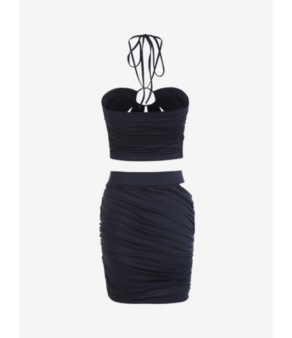 Ruched Cutout Halter Mini Bodycon Skirt Set Ruched Cutout Halter Mini Bodycon Skirt Set