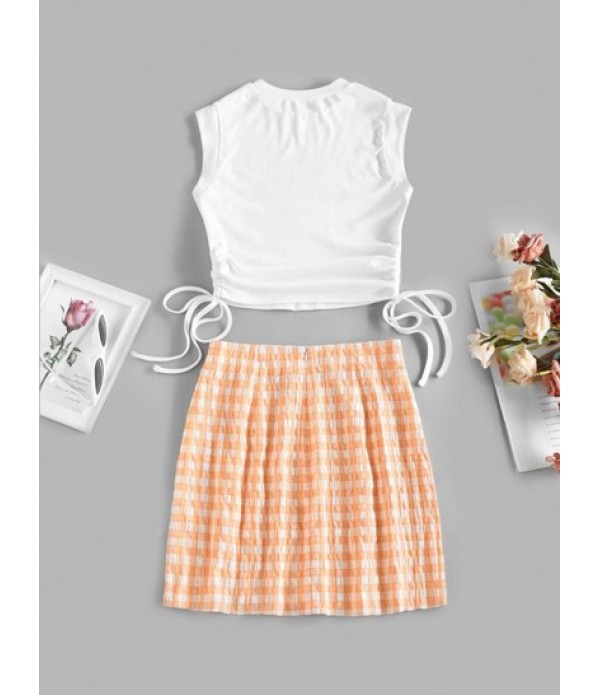 Cinched Crop Top And Gingham Slit Mini Skirt Set
