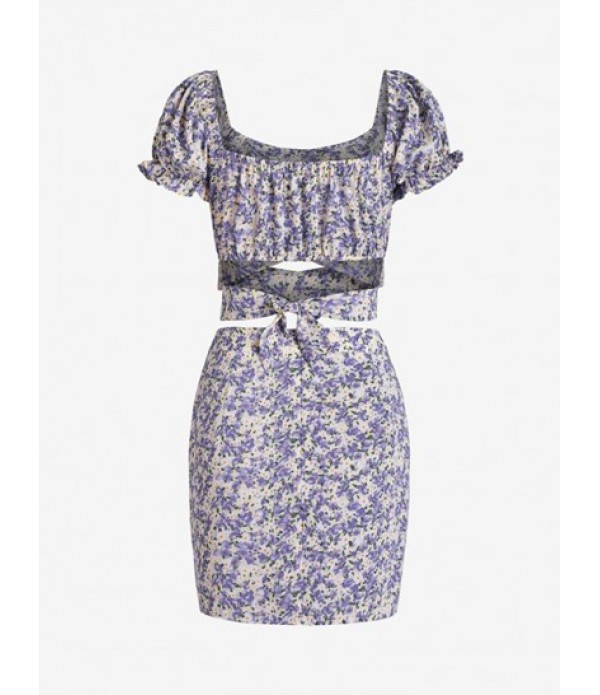 Flower Print Puff Sleeve Slit Mini Skirt Set