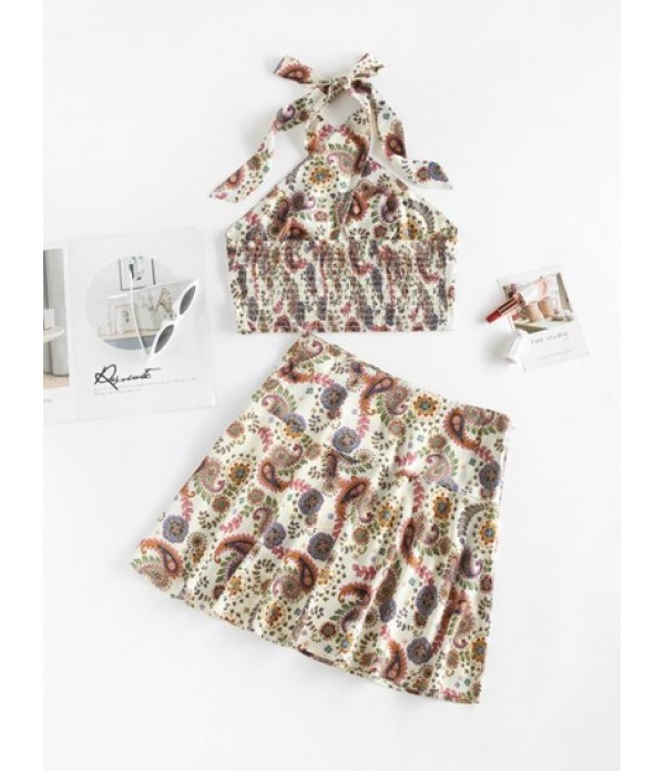 Ethnic Floral Paisley Print Smocked Mini Skirt Set