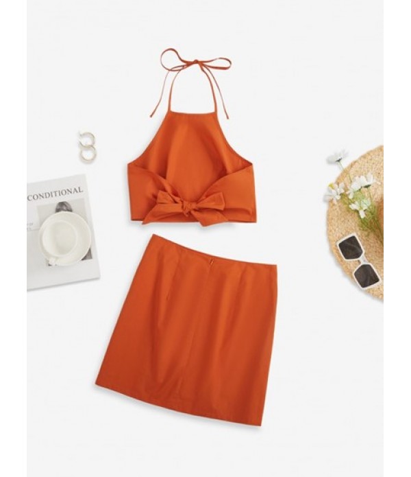 Tie Open Back Halter Top And Front Slit Skirt Set Tie Open Back Halter Top And Front Slit Skirt Set