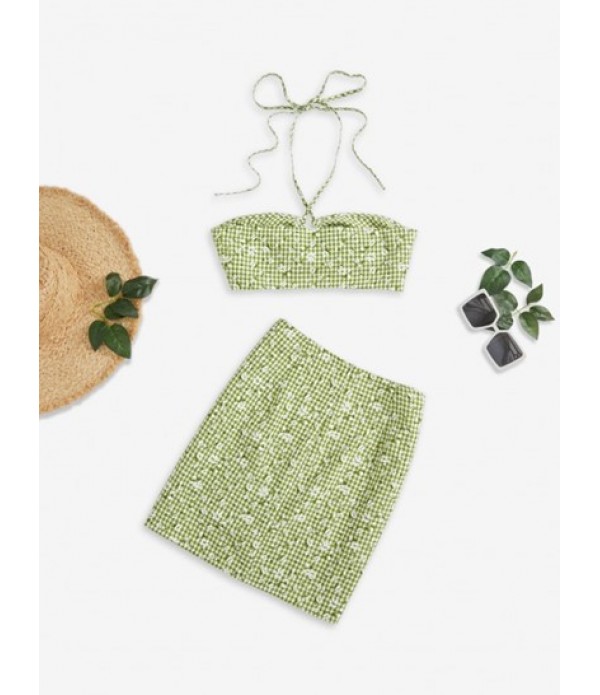 Gingham Floral Halter Slit Bodycon Skirt