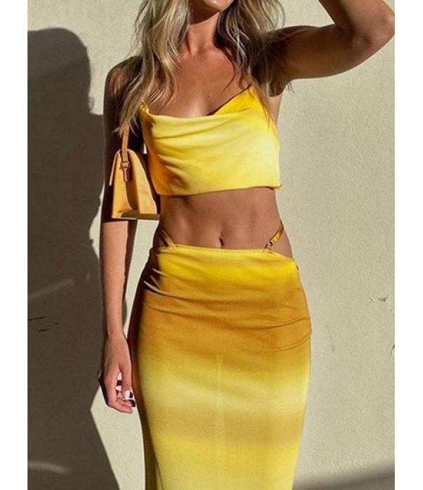 Tie Dye Halter Cowl Front Midriff Flossing Skirt Set Tie Dye Halter Cowl Front Midriff Flossing Skirt Set