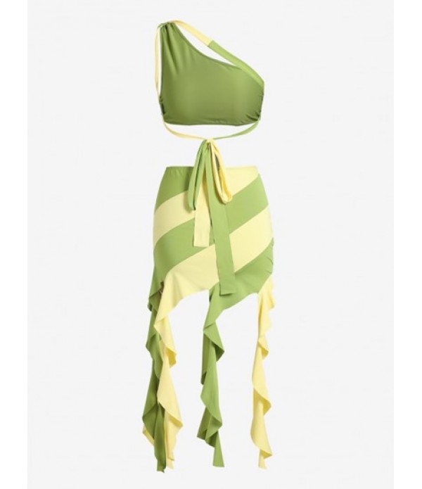 Colorblock One Shoulder Draped Ruffles Skirt Set