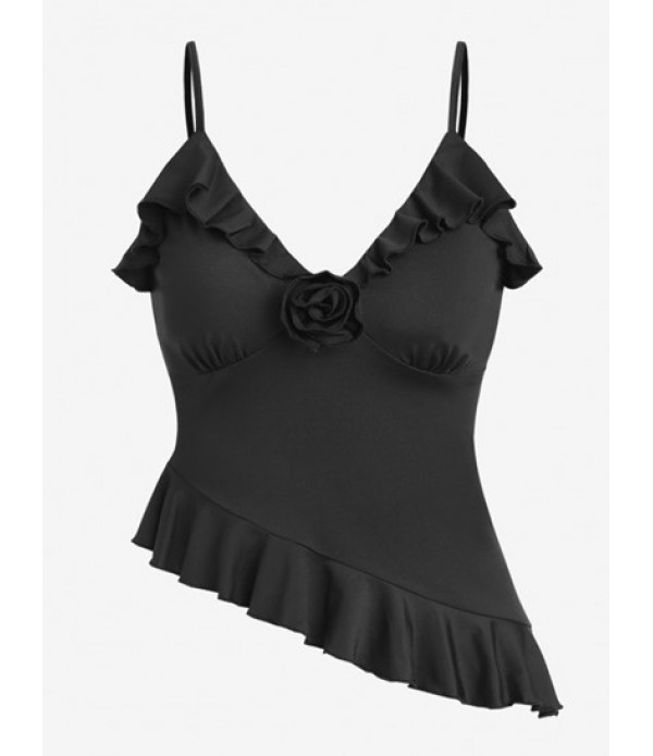 Corsage Rosettes Flounce Asymmetric Camisole And Ruffles Metal Hardware Ruched Skirt Set