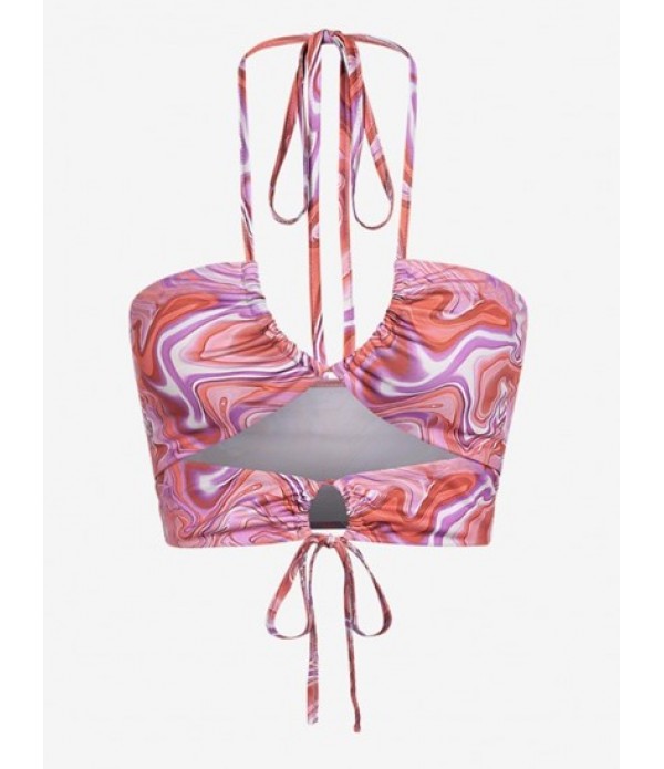 Open Back Cut Out Cinched Psychedelic Swirl Marble Printed Tank Top And Midi Skirt Set