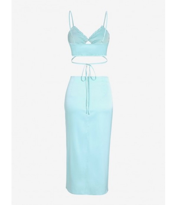Satin Ruffle Midriff Flossing Split Midi Skirt Set Satin Ruffle Midriff Flossing Split Midi Skirt Set