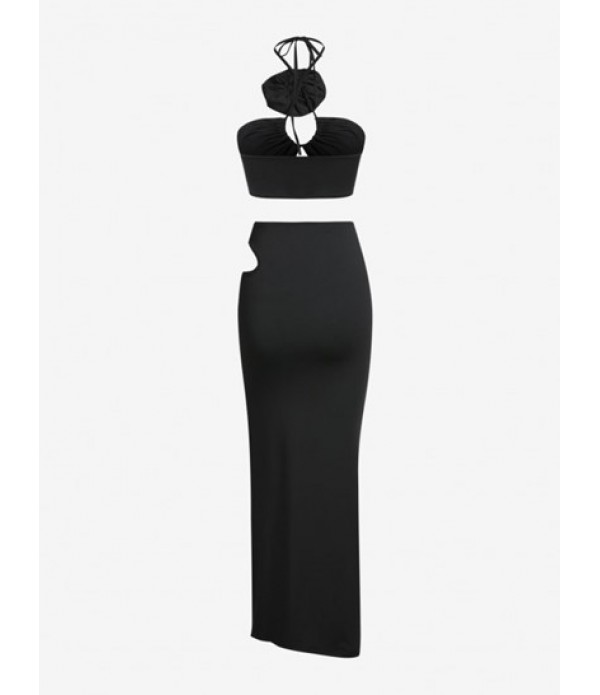 Rosette Halter Cut Out Thigh Split Maxi Skirt Set Rosette Halter Cut Out Thigh Split Maxi Skirt Set