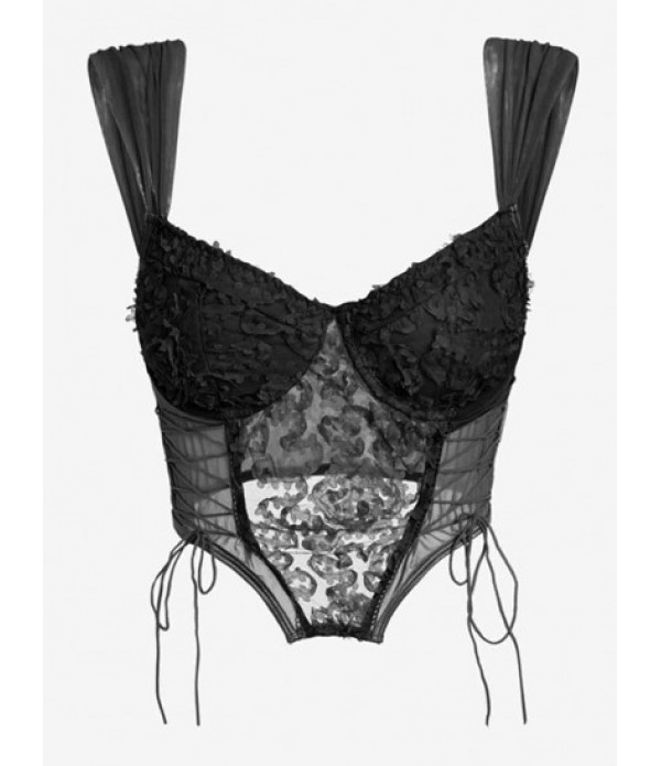 Underwire Sheer Mesh Floral Applique Lace Up Corset-style Tank Top And Mini Tie Side Skirt Set Underwire Sheer Mesh Floral Applique Lace Up Corset-style Tank Top And Mini Tie Side Skirt Set