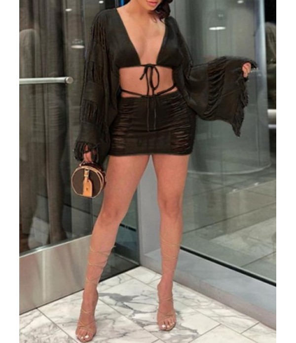 Distressed Strappy Knitted Two Piece Dress Tassels Detachable Kimono Sleeves Top With Mini Skirt