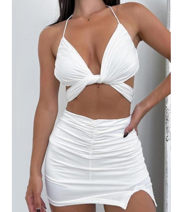 Halter Twisted Ruched Slit Bodycon Skirt Set