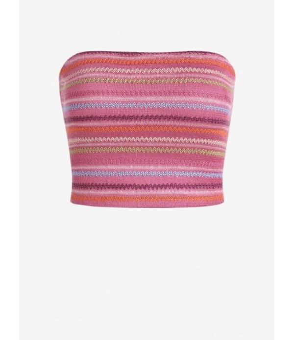 Women's Rainbow Zig Zag Knitted Tube Top And Ruched Criss Cross Striped Flossing Skirt Set Women's Rainbow Zig Zag Knitted Tube Top And Ruched Criss Cross Striped Flossing Skirt Set