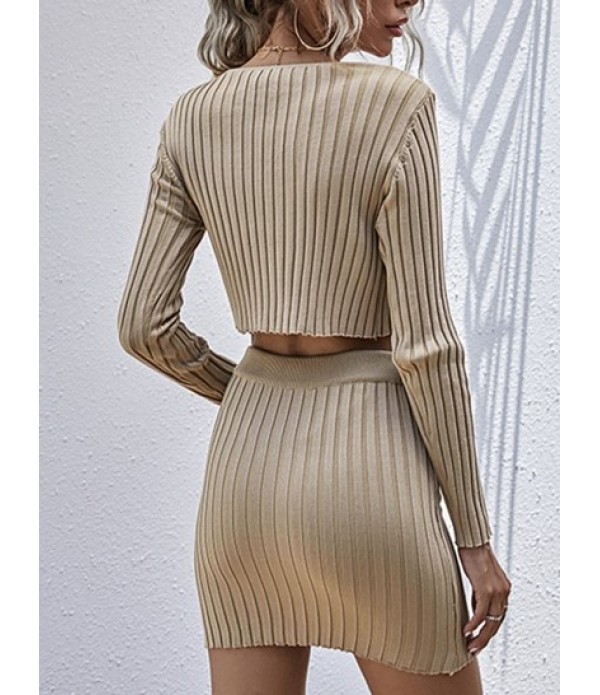 Ribbed Button Up Mini Bodycon Skirt Set