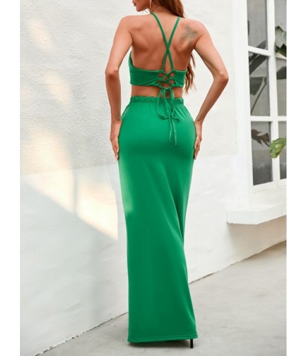 Lace Up Mock Button Split Maxi Skirt Set