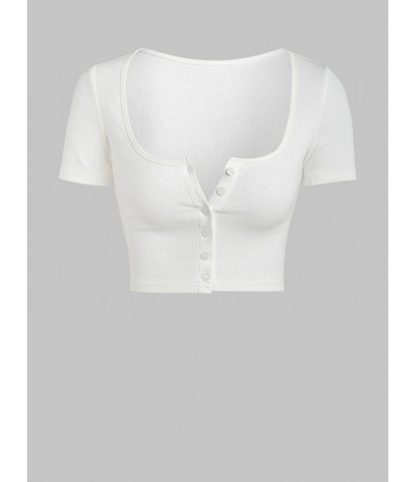 Button Up Ribbed Crop Tee With Ripped Denim Shorts