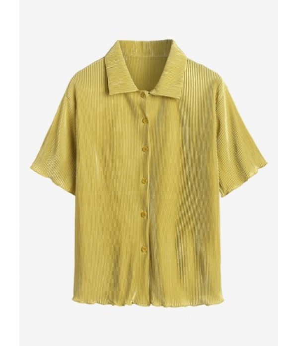 Women's Matching Two Piece Vacation Casual Daily Lounge Plisse Pleated Button Up Short Sleeves Shirt And Shorts Set