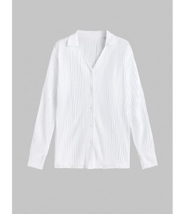Women's Fashion Daily Matching Co Ord Set Plisse Pleated Solid Color V Notched Button Up Turn Down Collar Shirt With High Waisted Loose Shorts Set