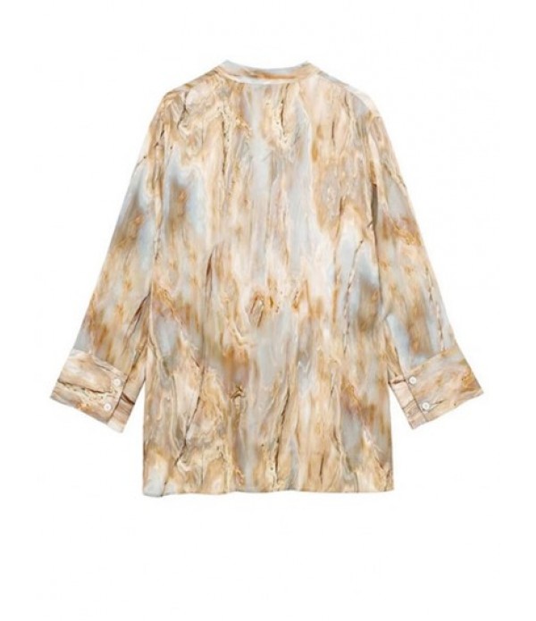 Women's Co Ord Matching Two Piece Set Tie Dye Marble Print V Notched Stand Collar High Low Slit Button Up Long Sleeve Shirt With Zipper Fly Straight Pants Set