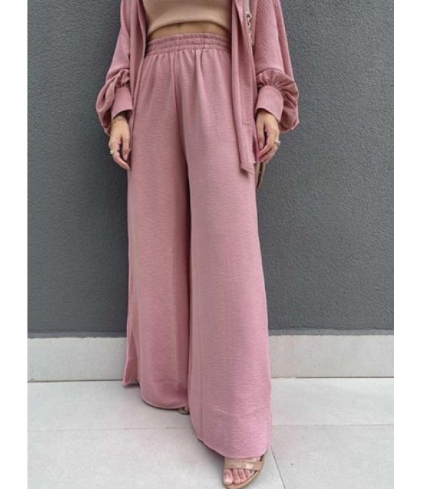 Women's Co Ord Two Piece Set Daily Solid Color Linen Textured Lantern Sleeve Button Up Shirt With High Waisted Pocket Wide Leg Pull On Pants Set
