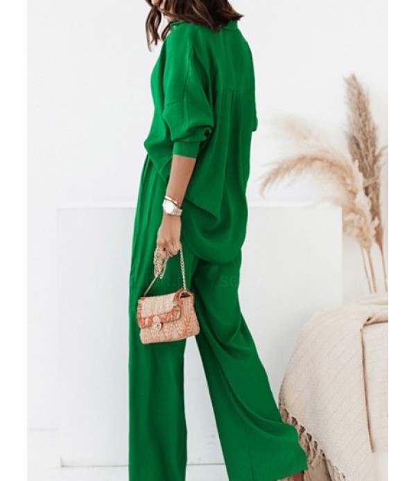 Women's Daily Casual Co Ord Two Piece Set Solid Color Drop Shoulder Button Up High Low Shirt With Drawstring Pocket High Waisted Straight Pants Set