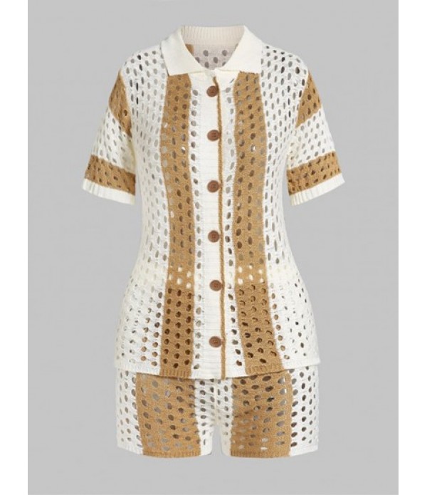 Women's Sexy Matching Two Piece Vacation Crochet Knit Openwork Hollow Out Colorblock Striped Button Up Collared Top And Shorts Set