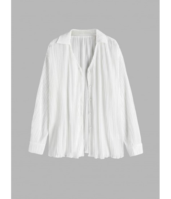 Women's Two Pieces Plisse Pleated Solid Color Long Sleeve V Neck Button Up Shirt And High Waist Wide Leg Pants Set 90s Minimalism Fashion Co Ord Set