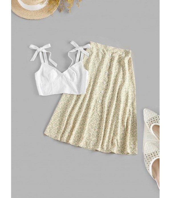 Tie Shoulder Zip Top And Floral Skirt Set