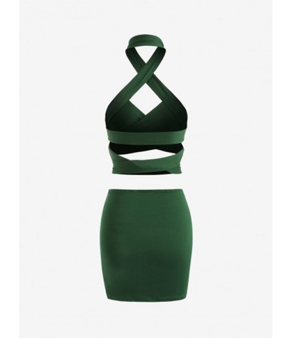 Crossover Cutout Halter Ruched Skirt Set
