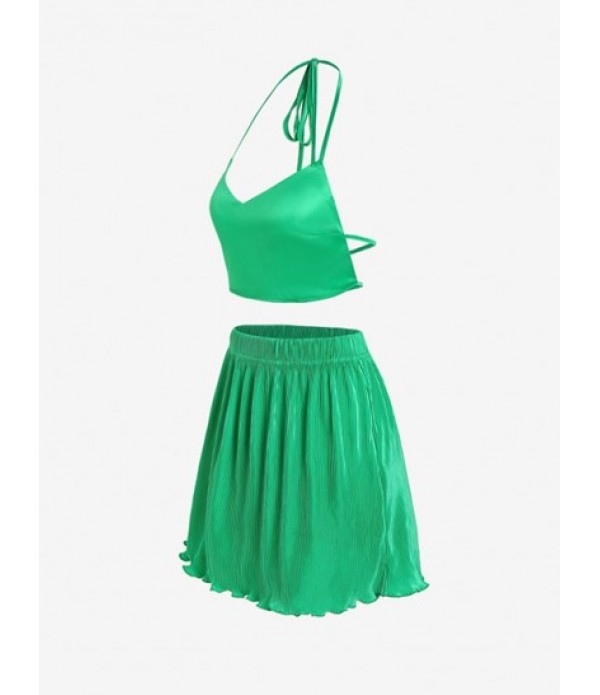 Tie Open Back Silky Top And Pleated Skirt Set