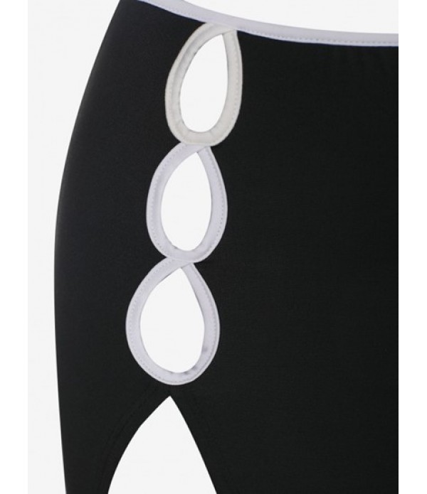 Contrast Piping Oval Cutout Thigh Slit Two Piece Dress