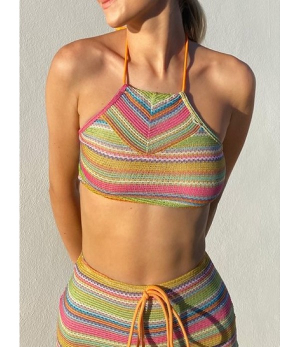 Colorful Striped Knit Halter Top And Skirt Set