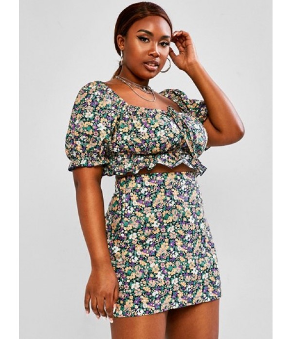 Plus Size Floral Puff Sleeve Ruffle Two Piece Skirt Set