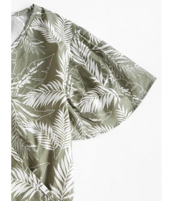 Tropical Leaf Print Surplice Two Piece Shorts Set