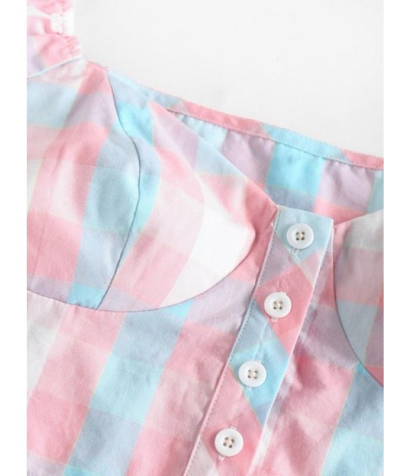 Plaid Bustier Puff Sleeve Ruffled Two Piece Set