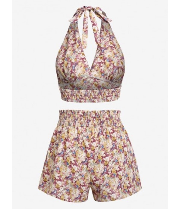Halter Open Back Ditsy Floral Smocked Two Piece Set