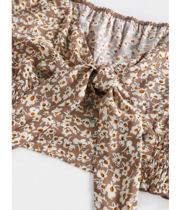 Ditsy Print Puff Sleeve Knot Two Piece Skirt Set