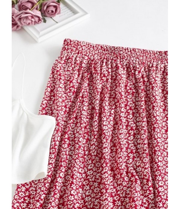 Ribbed Ditsy Print Slit Skirt Set