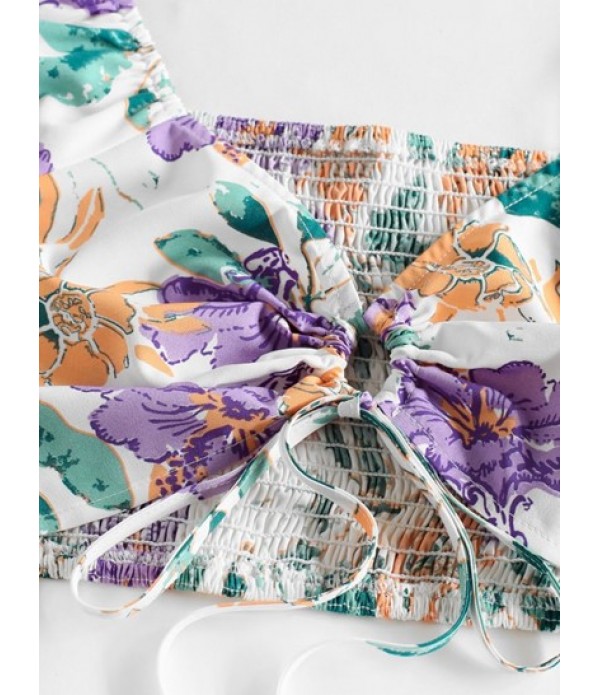 Puff Sleeve Flower Shirred Top And Layered Skirt Set