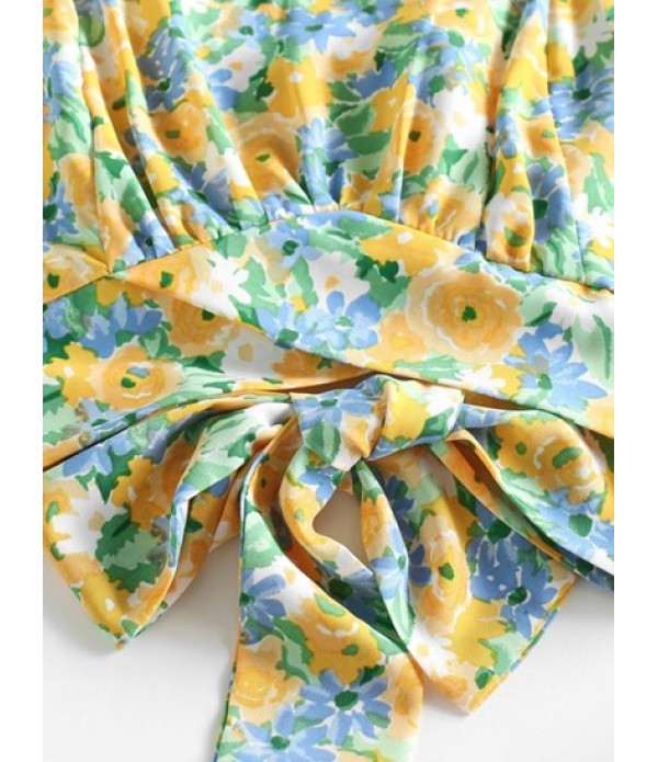Floral Ruched Tie Cut Out Back Two Piece Dress