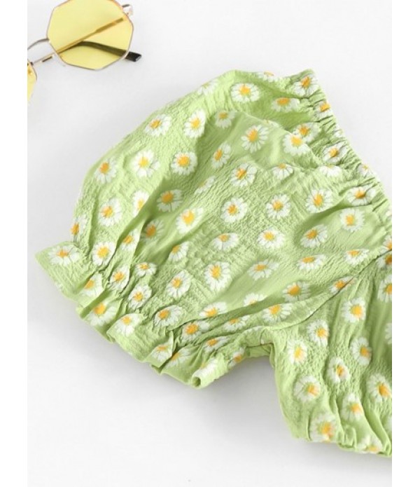 Tie Front Puff Sleeve Front Slit Daisy Two Piece Dress Tie Front Puff Sleeve Front Slit Daisy Two Piece Dress