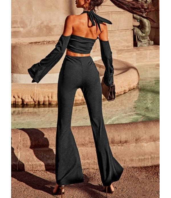 Halter Ribbed Crop Top And Twist Flare Pants Set