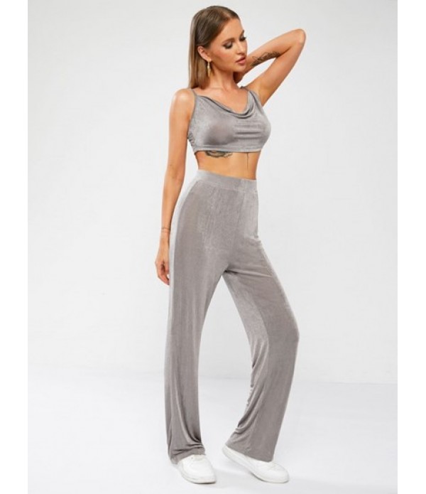 Jersey Cowl Front Top And Wide Leg Pants Set