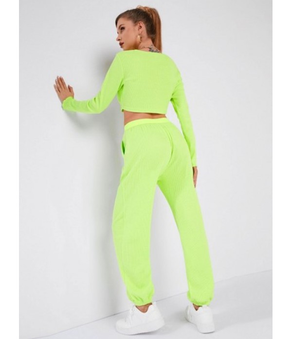 Neon Textured Cropped Jogger Pants Set