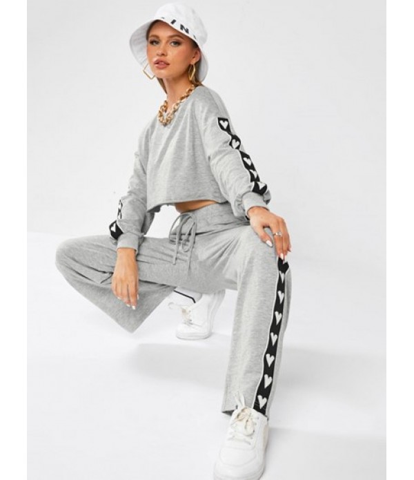 Heart Tape Marled Cropped Sweatshirt And Sweat Pants Set