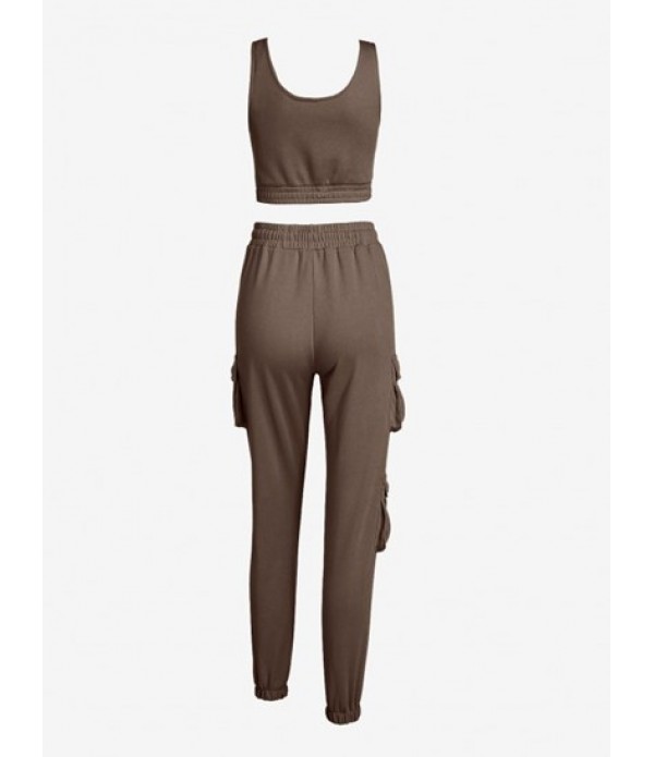 Crop Top And Drawstring Cargo Jogger Pants Set