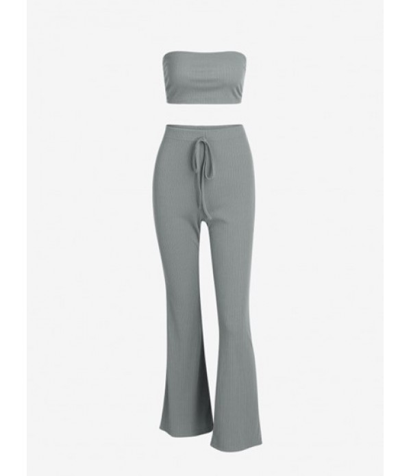 Ribbed Bowknot Three Pieces Boot Cut Pants Set