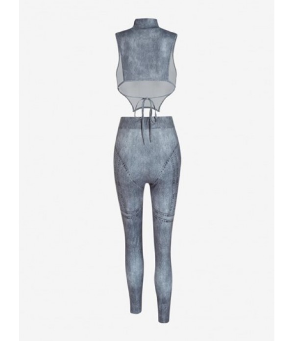 Mock Neck 3D Denim Trompe L'oeil Print Skinny Pants Set