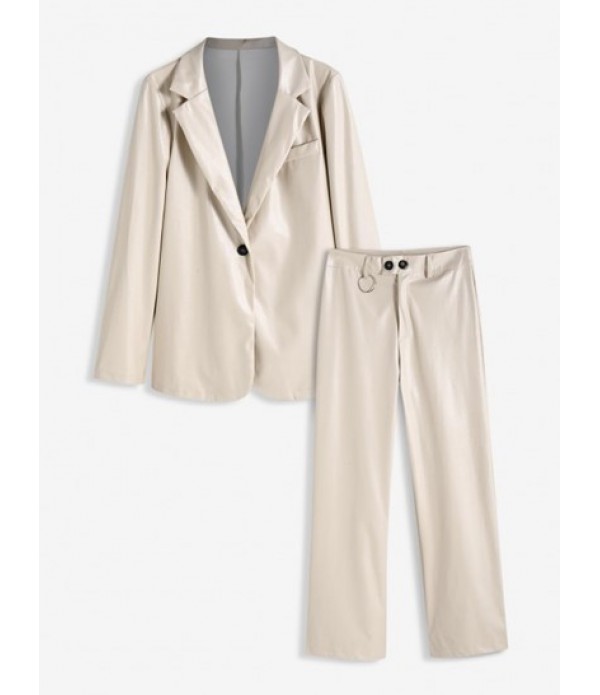 PU One Button Blazer With High Waisted Pants Set